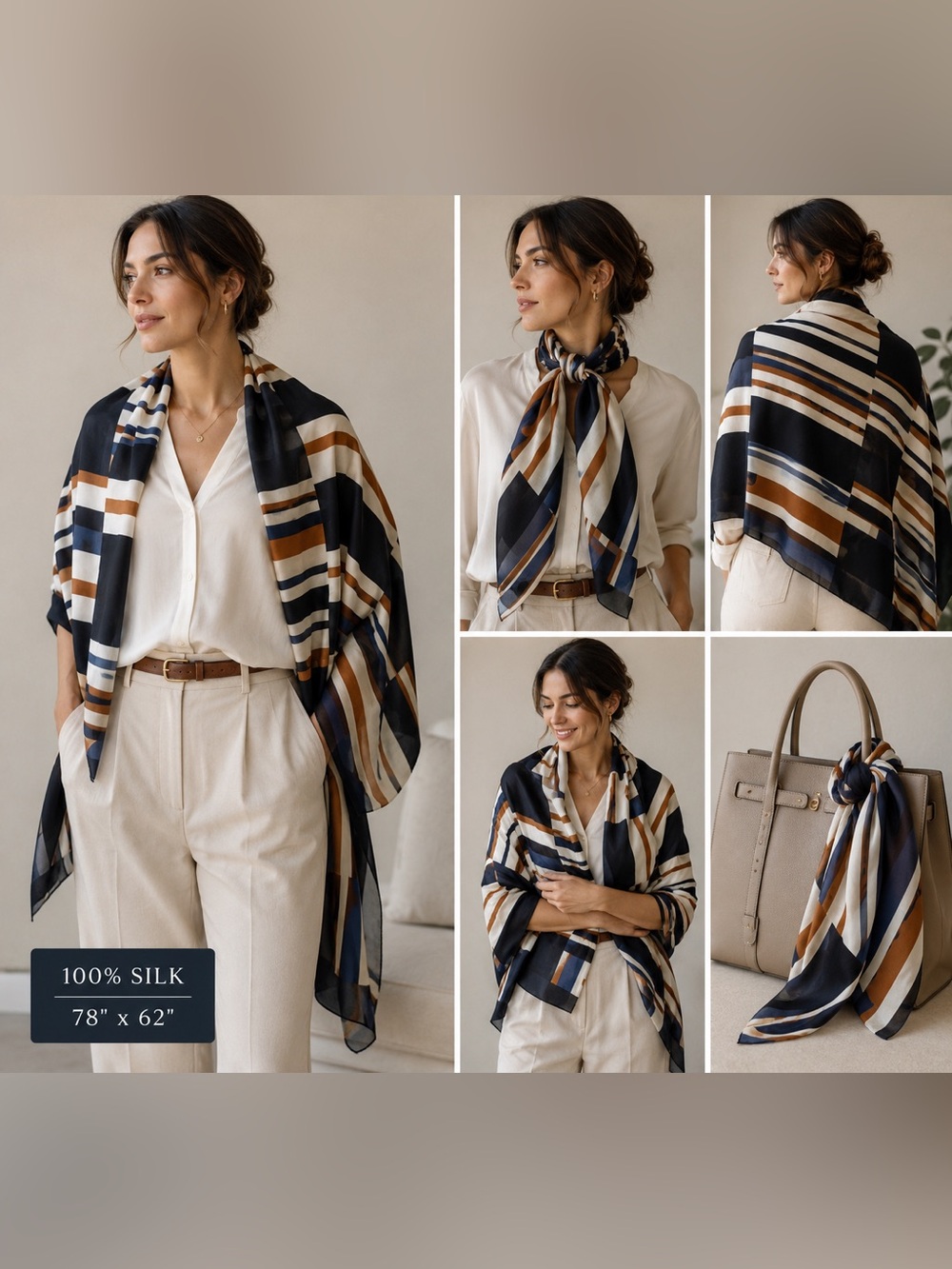 Hobbs London Key To Freedom 100% Silk Oversized Scarf Shawl Wrap Navy Rust